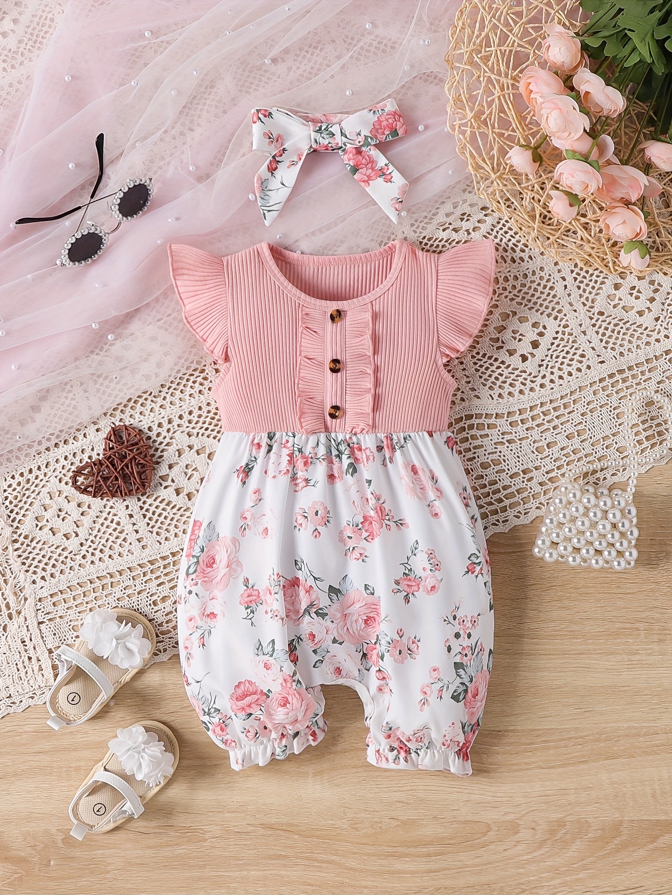 Ropa de bebé recién nacida, mameluco floral de verano, manga con volantes,  traje de mameluco con diadema (rosa, 12-18 meses)