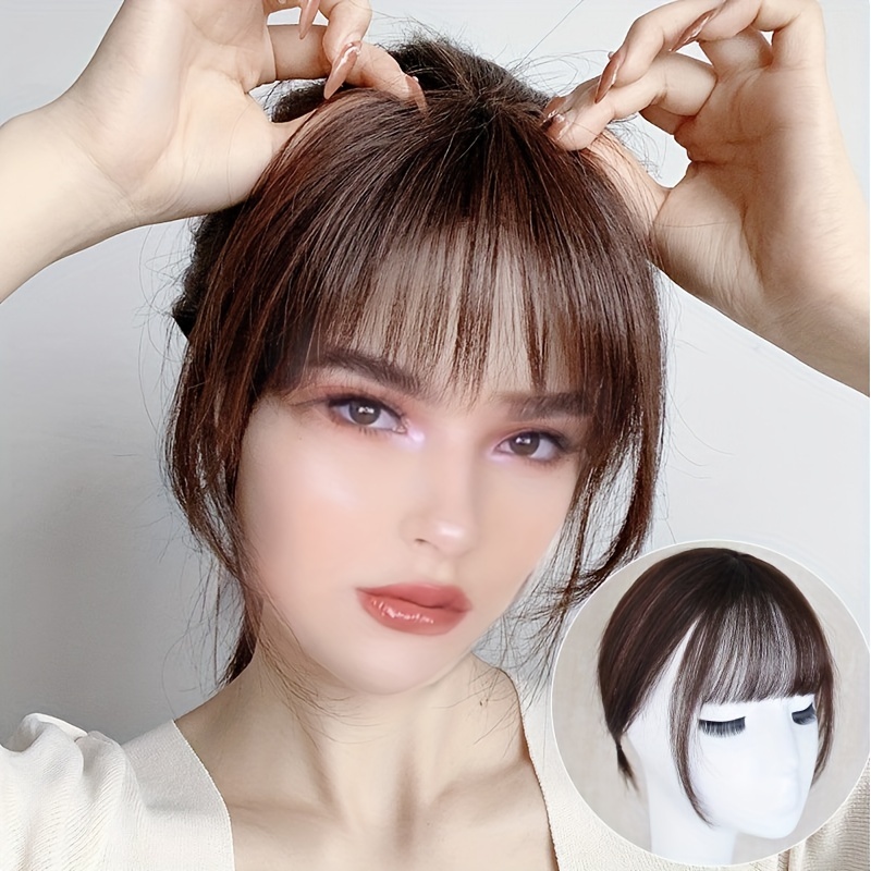 Wecan Clip in Bangs 100% Human Hair Extensions Bangs Hair Clip Brown Black Fringe with Temples Wigs for Women Curved Bangs for Daily Wear (Wispy