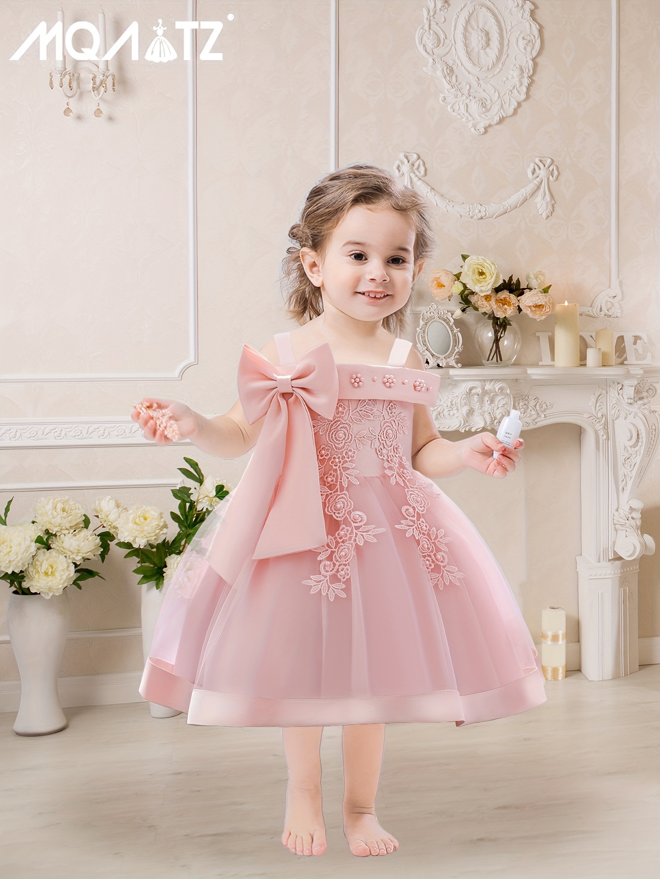 Baby Girl Butterfly Embroidery Mesh Ruffle Trim Bow Front Dress
