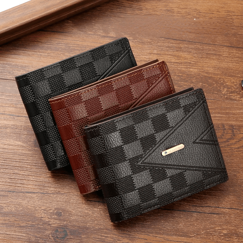 Men's Plaid Embossed Tri-Fold Business Leather Wallet,Men Gifts,Temu