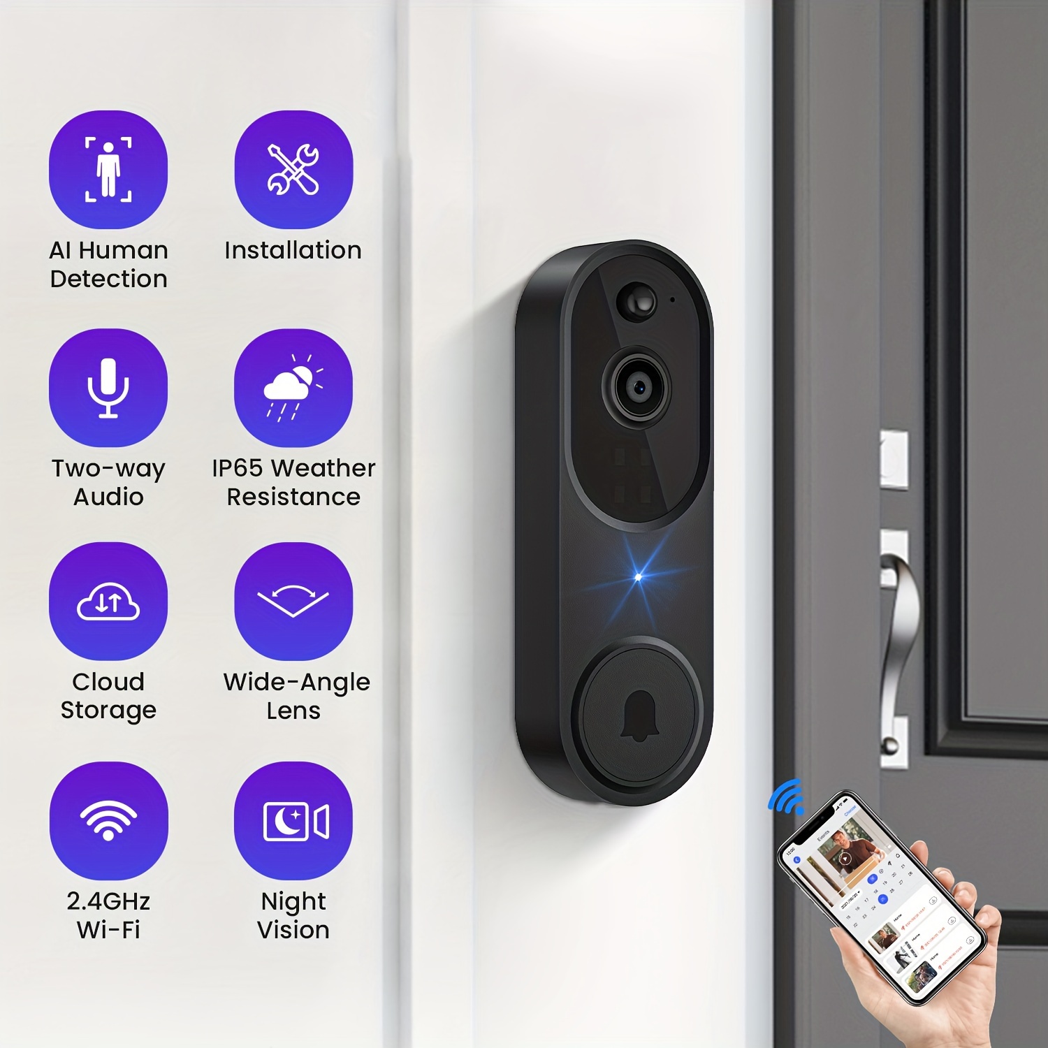 2MP WiFi Home Wireless Visual Intercom Voice Flash Door Bell with
