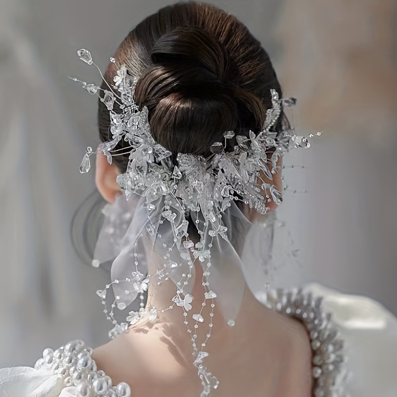 1pc Bridal Veil With Hair Comb, Simple Tulle And Rhinestone Decor Headpiece  For Photography
