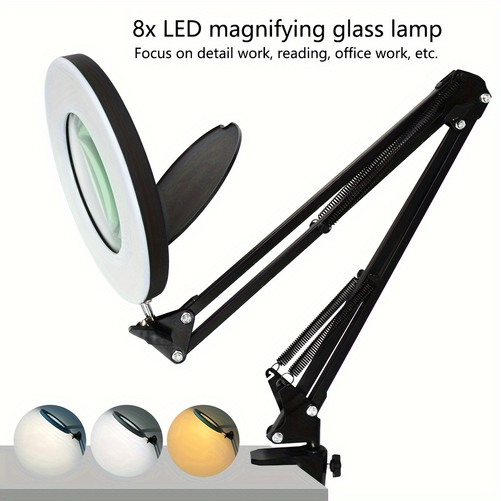 Veemagni Lupa de 8 veces con luz, 5 modos de color regulable, lámpara de  escritorio con brazo oscilante ajustable con luz LED con abrazadera, lupa