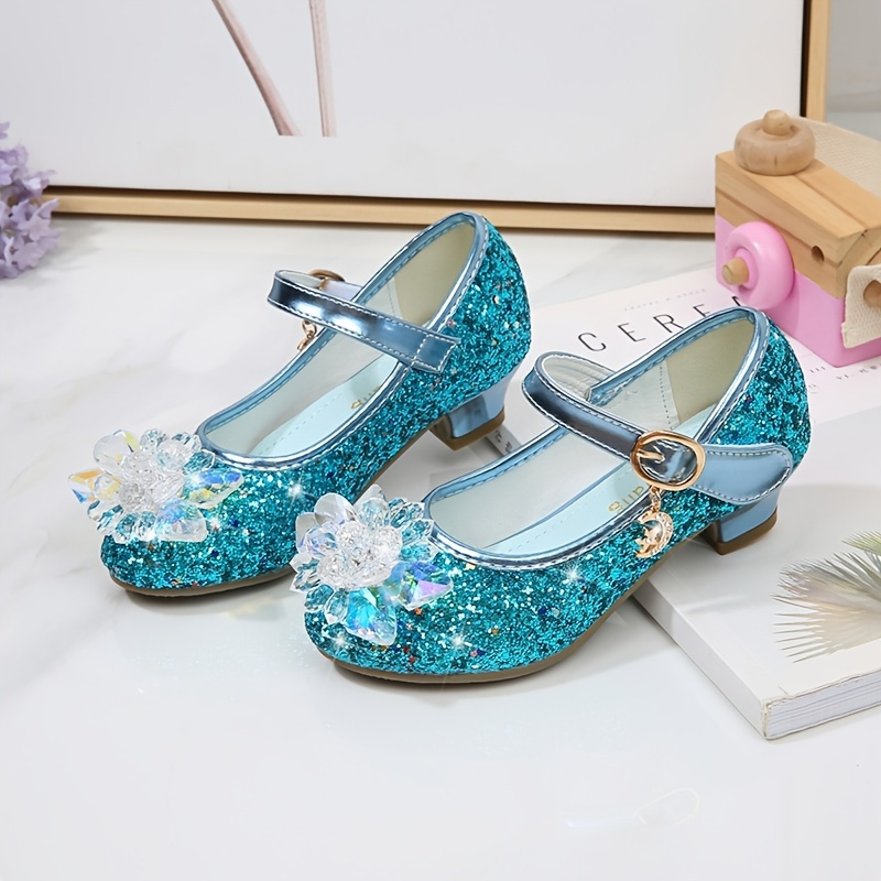 Zapatos de tacón bajo para niñas pequeñas, lentejuelas con purpurina,  flores de princesa, tacones bajos, para fiesta, espectáculo y baile para  niñas