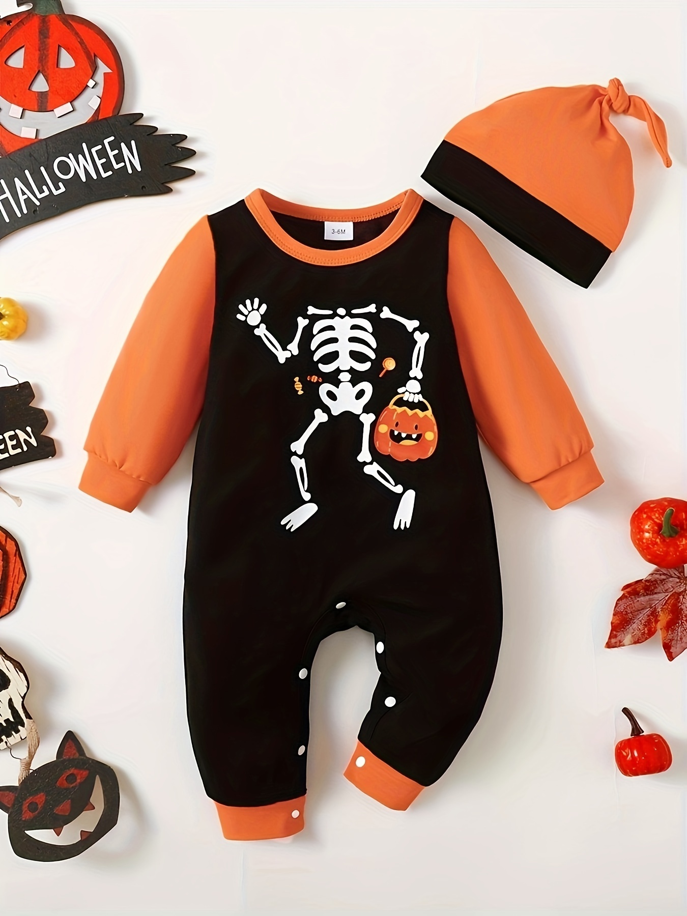 Halloween Baby Boy/girl Cotton Batwing Sleeve Pumpkin & Letter Print  Jumpsuit With Hat Set - Temu Poland