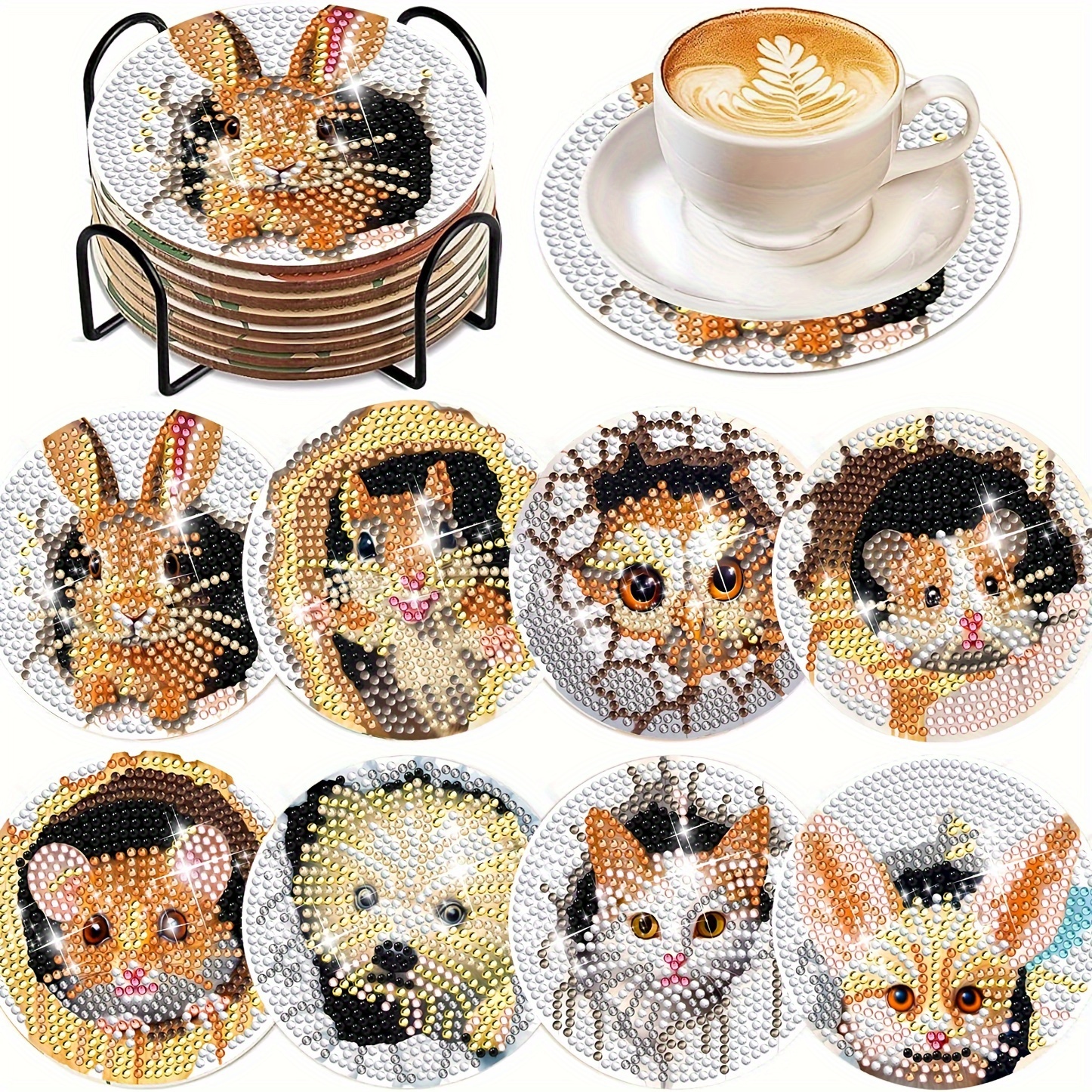 6/10PCS Full Drill Diamond Coasters with Holder DIY Animals Paw Diamonds  Coaster Christmas Halloween Art Diamonds Coaster - AliExpress