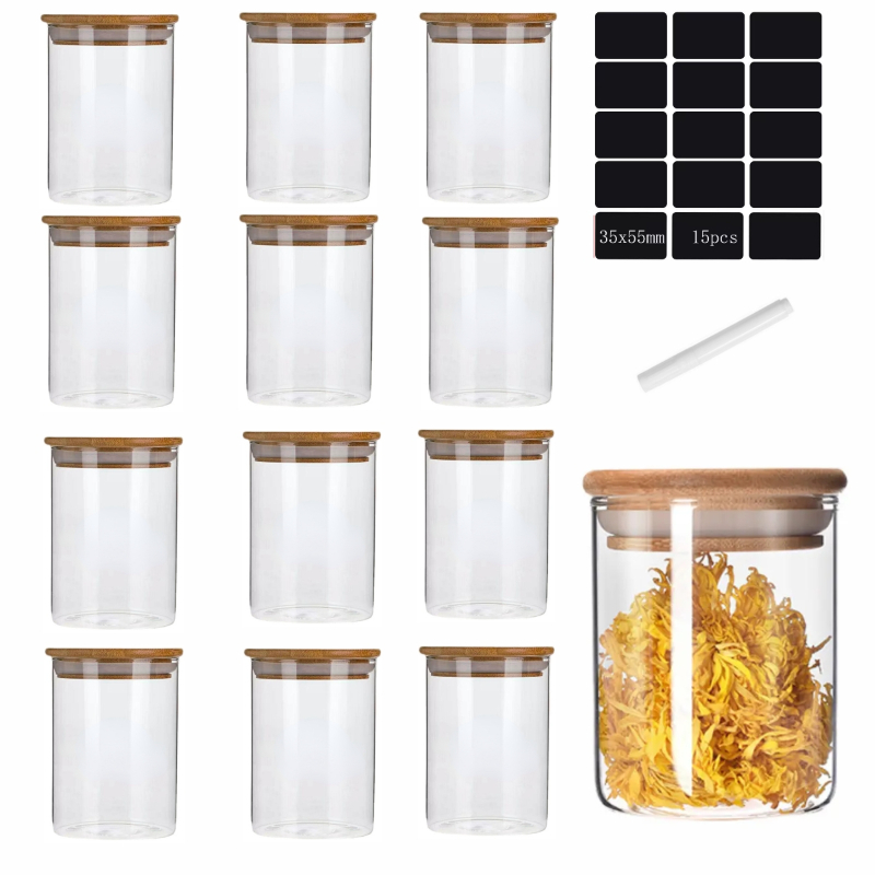 10 Pcs Glass Spice Jars 8oz Clear Empty Square Food Storage Containers with  Bamboo Airtight Lid and Labels - Thicken Small Glass canister