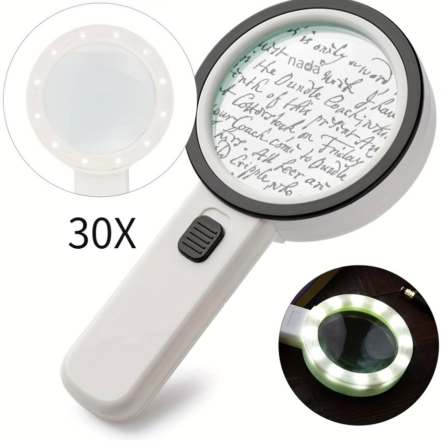 Lupa de mano 30X con luz LED, ideal para la lectura y observación