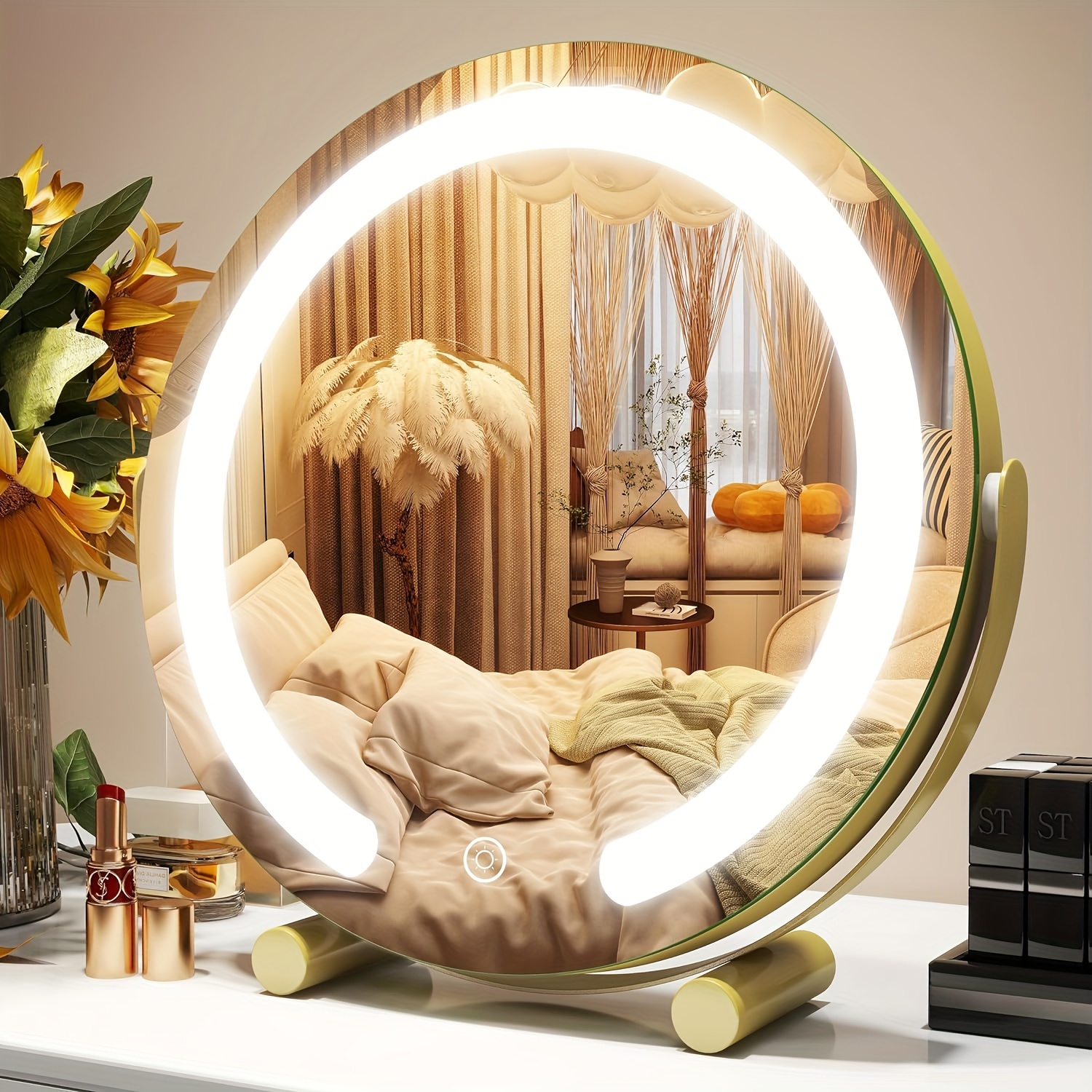 Espejo de tocador iluminado con soporte, espejo de maquillaje con luz y  aumento, brillo ajustable en altura, espejo de mesa LED giratorio de 360°