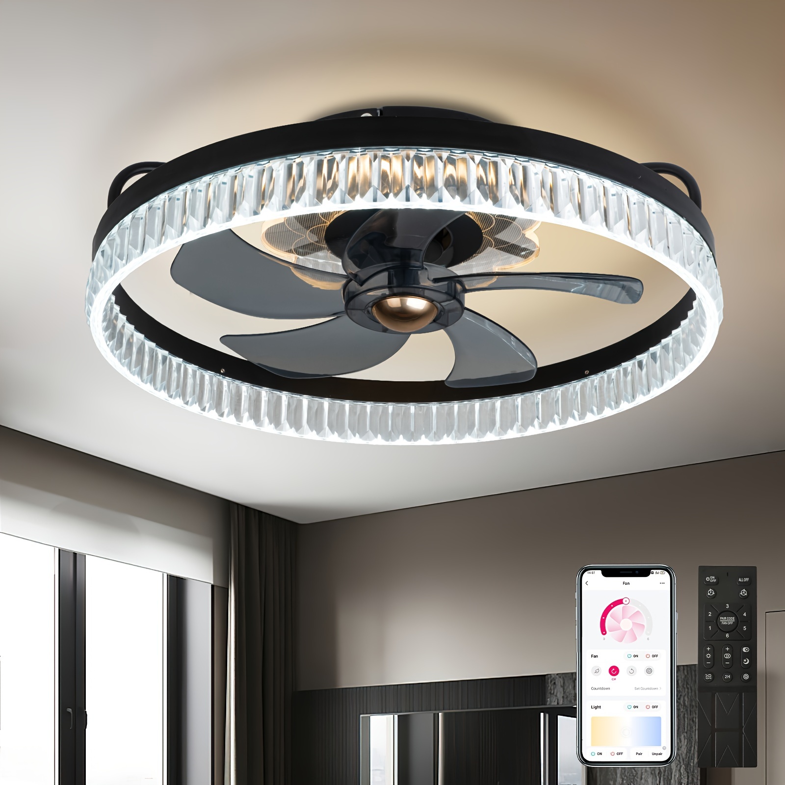 Lámpara de ventilador de techo dorada contemporánea LED creativa de 56  pulgadas con control remoto para sala de estar (56 pulgadas)