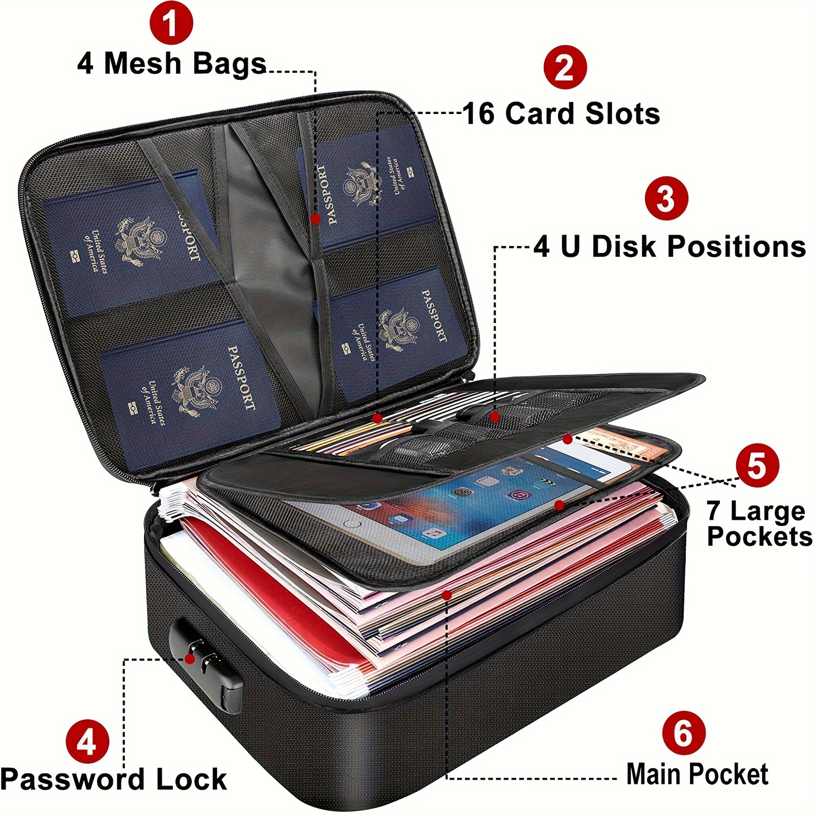 DocSafe File Box with Lock, Multi-layer Fireproof Document Box with Wheels,Collapsible Rolling File Storage Organizer Box with Pockets,Large Portable