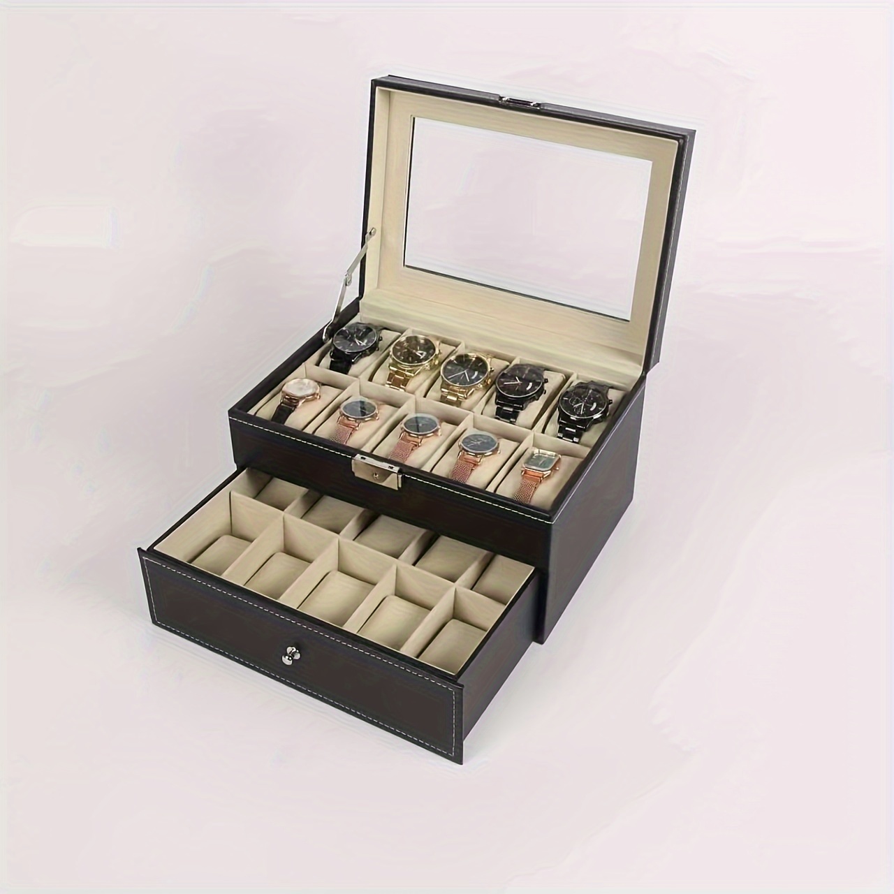 Caja de reloj organizador para hombres, de piel sintética superior de  cristal para el almacenamiento de relojes