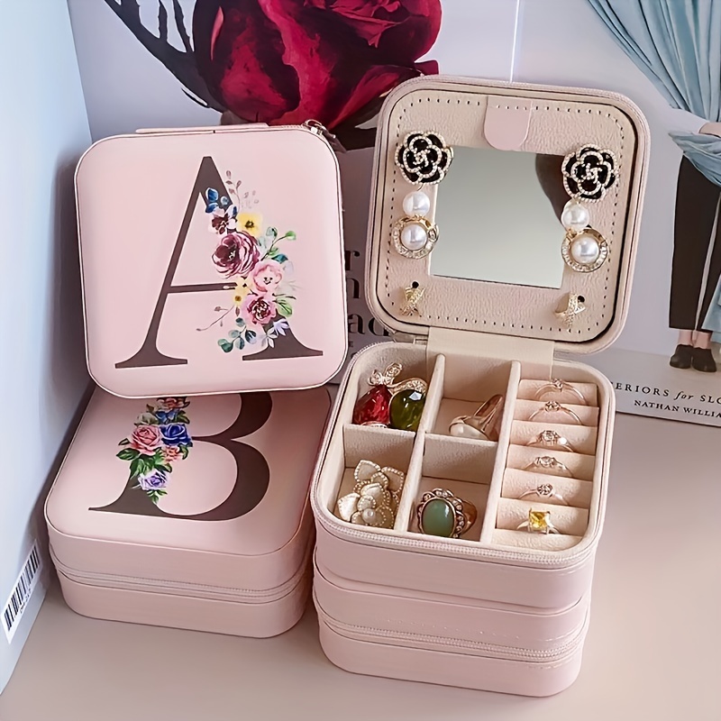 Vlando Travel Jewelry Box, Initial A Letter Small Jewelry Case for Women Girls, Earring Organizer Box with Mirror for Mothers Valentines Day Birthday
