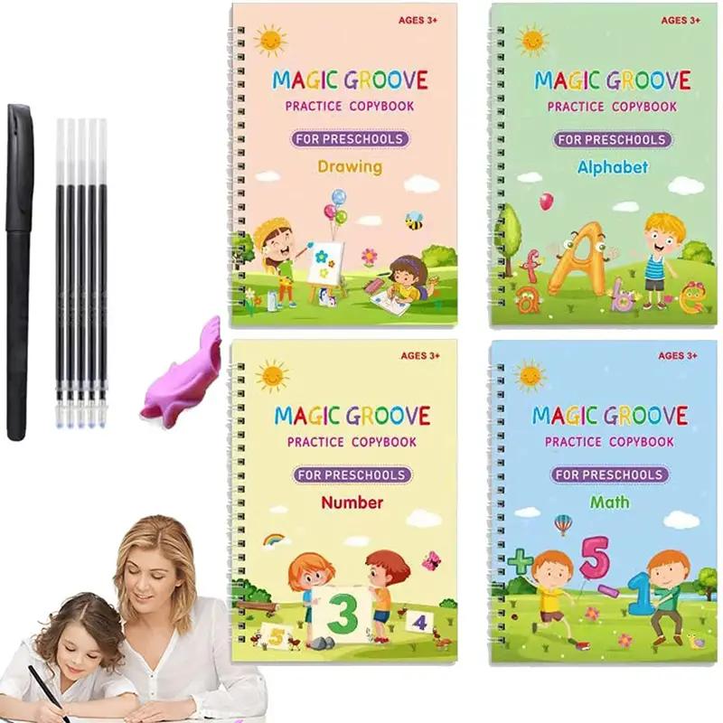 4 Pc Grooved Handwriting Book Practice, Kids Writing with Auto