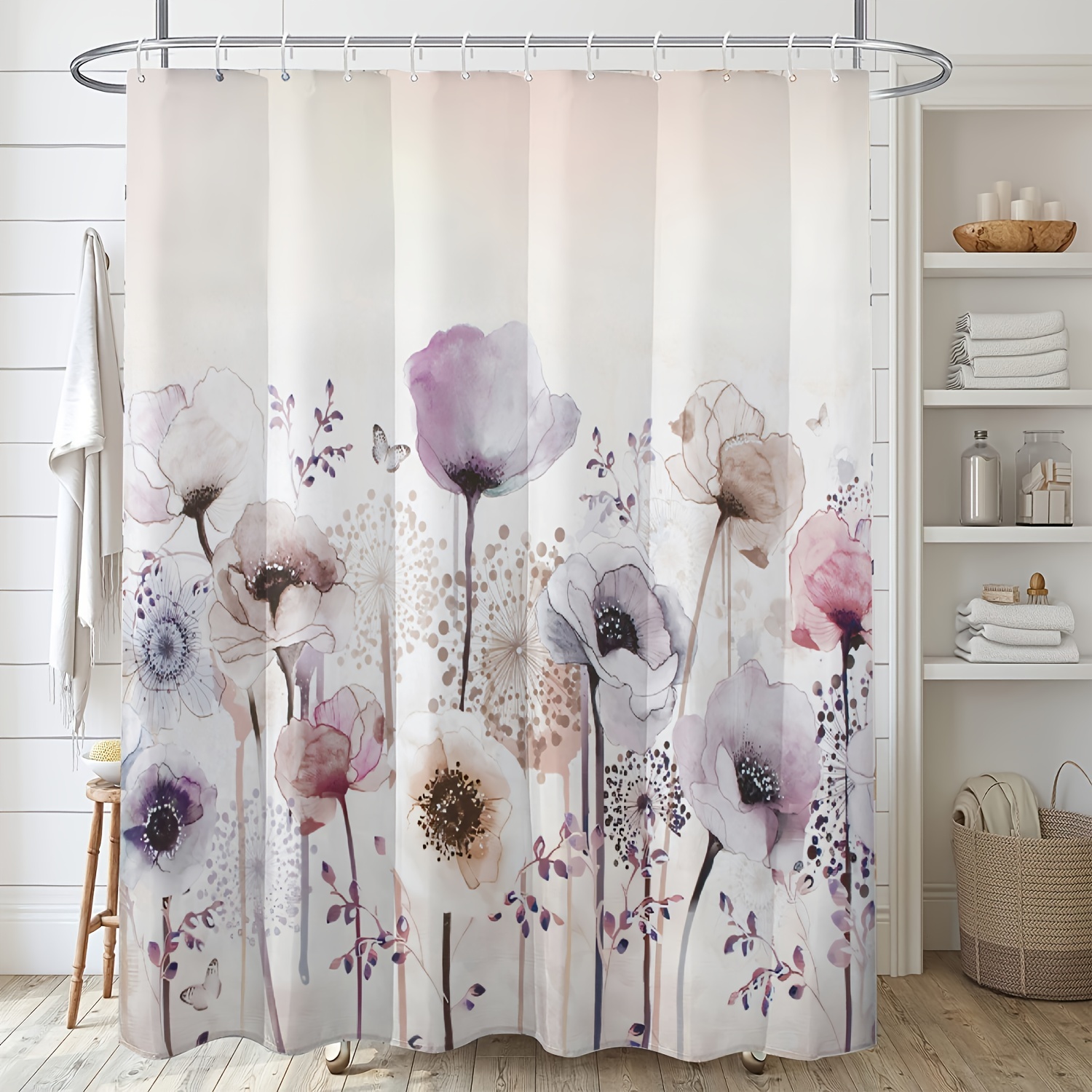 Cortinas de ducha modernas con flores geométricas, Cortina de baño