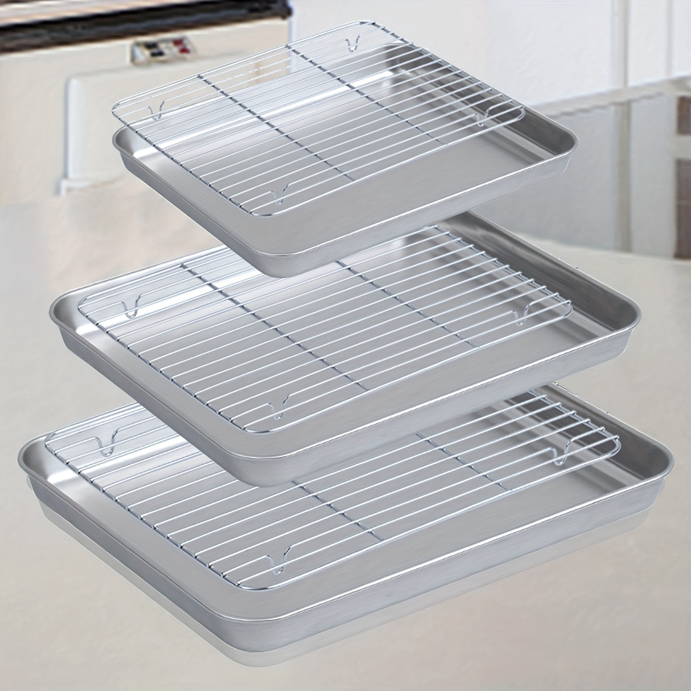 Stainless Steel Baking Sheet Tray Cooling Rack with Silicone Baking Mat  Set, Cookie Pan , Set of 6 (2 Sheets + 2 Racks + 2 Mats), Non Toxic, Heavy