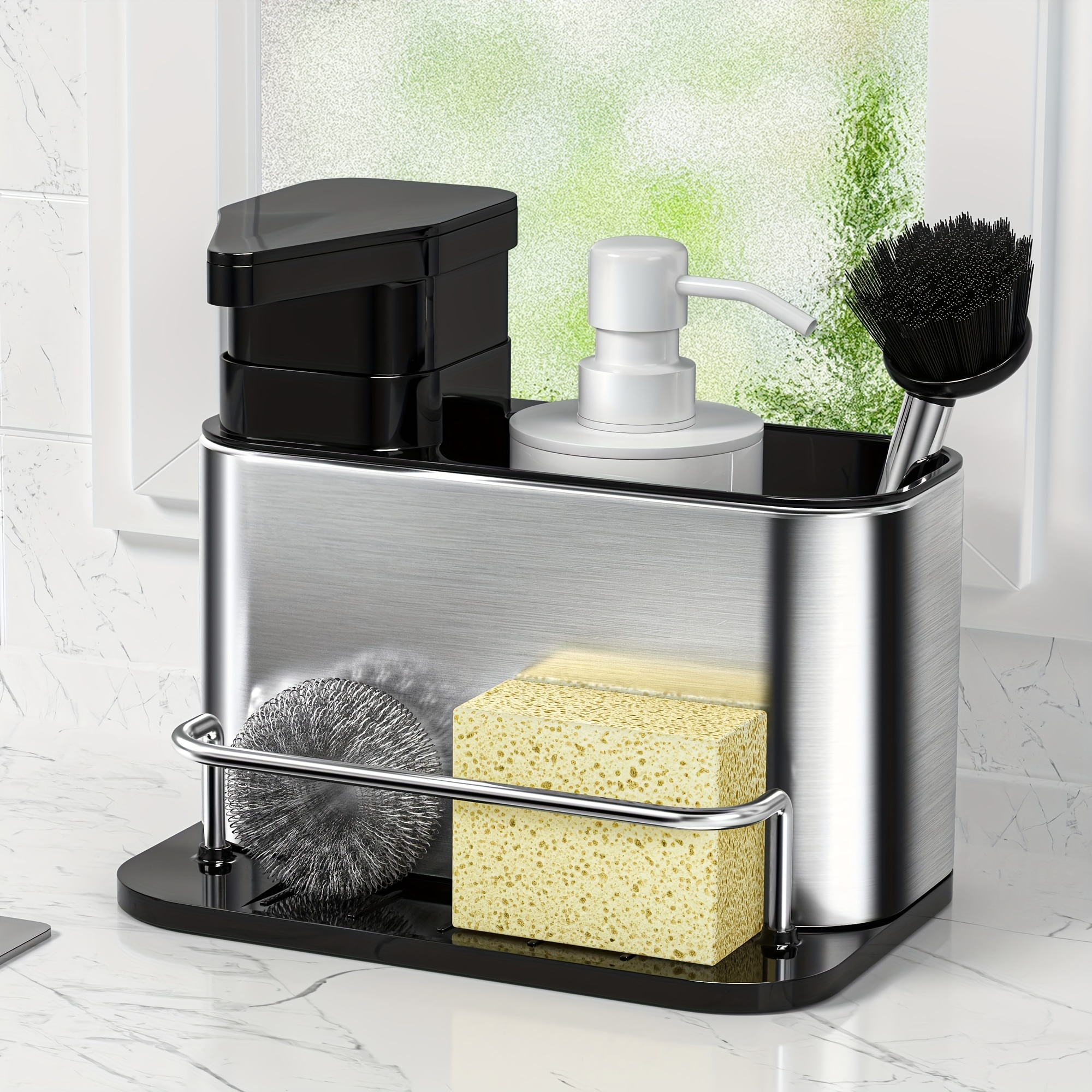  4 in 1 Dish Soap Dispenser and Sponge Holder Set for Kitchen  Sink with Soap Dispensing Dish Brush, Sink Tray, Scrub Sponge, Brush Head :  Health & Household