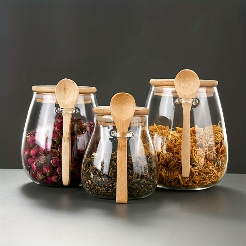 1pc Glass Storage Jar With Wooden Lid And Spoon, Sealed Candy/tee  Container, Multipurpose Organizer