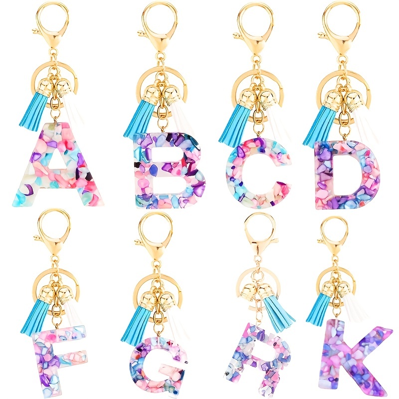 Solid Colored Glittering English Letter Keychain With Tassel Pendant Resin  Bead & Crystal Drop Detail Keyring Decoration