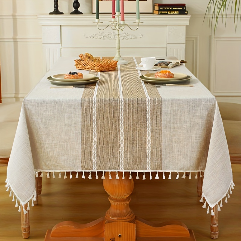 Solid Color Linen Farmhouse Style Tablecloth Beige Fringed - Temu