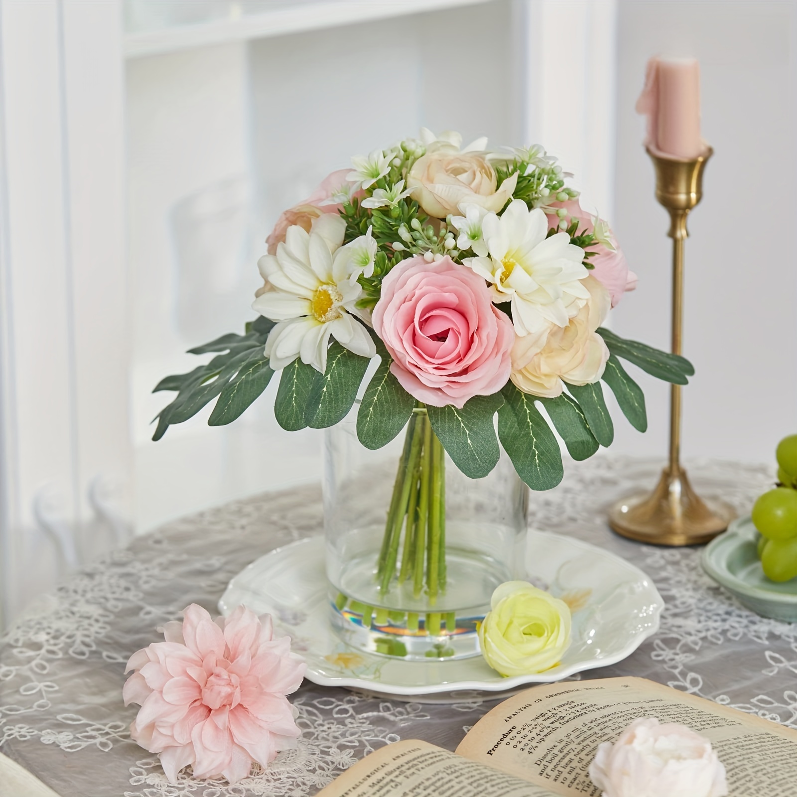 ¡NUEVO! Arreglo floral de orquídea artificial de seda rosa en jarrón  transparente.