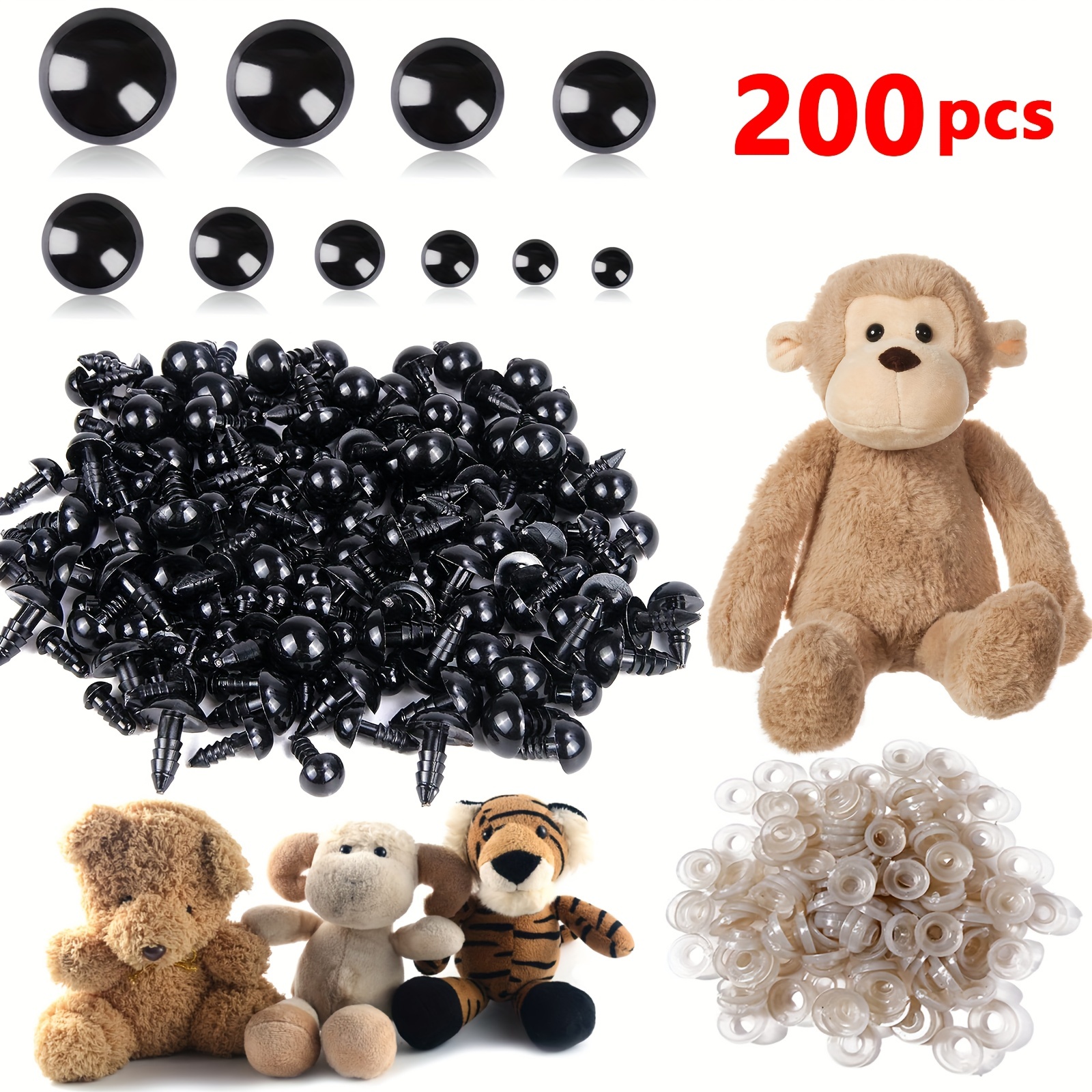 700 ojos de seguridad para Amigurumi con arandelas de plástico de 0.236 a  0.555 pulgadas, ojos de seguridad negros para animales de peluche de