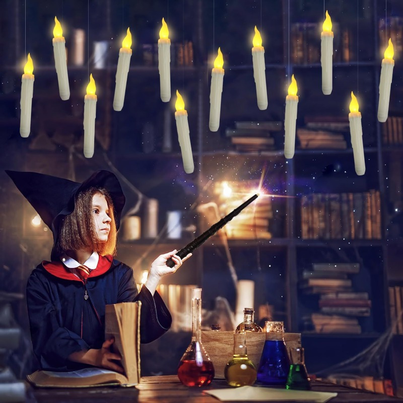 Christmas Decorations for Harry Potter 12 Pcs Hanging LED Floating Candles with Remote Control Taper Candles Christmas Xams Decor for Party, Birthday