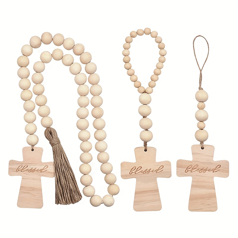  Large Wood Bead Garland with 1.6 Diameter Wooden Beads  Tassels, Decorative Beads Boho Decor, Long Rustic Farmhouse Wood Beads  Garland for Home Tiered Tray Decor Wall Hanging(58 Inches, Pure White) 