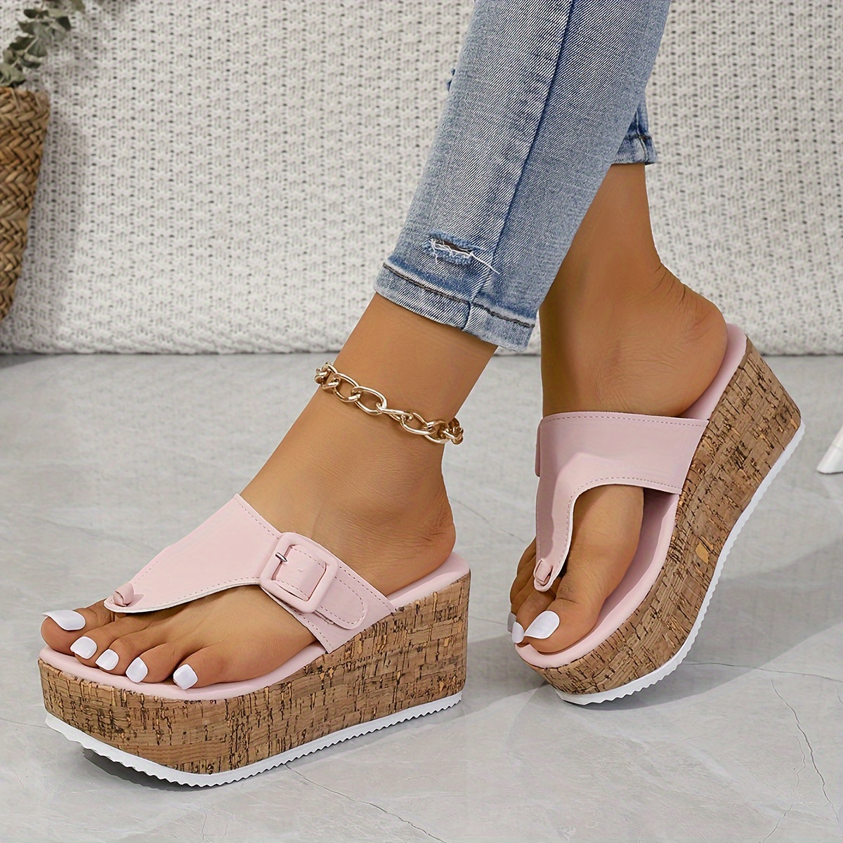 Women's Platform Wedge Sandals, Open Toe Elastic Cross Strap Slip On Heels,  Wood Grain Slingback Sandals