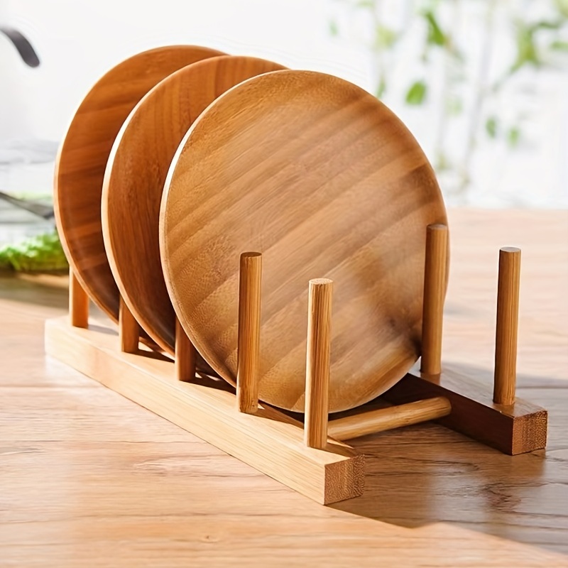 Bamboo Wooden Plate Rack Kitchen Storage Organizer For - Temu
