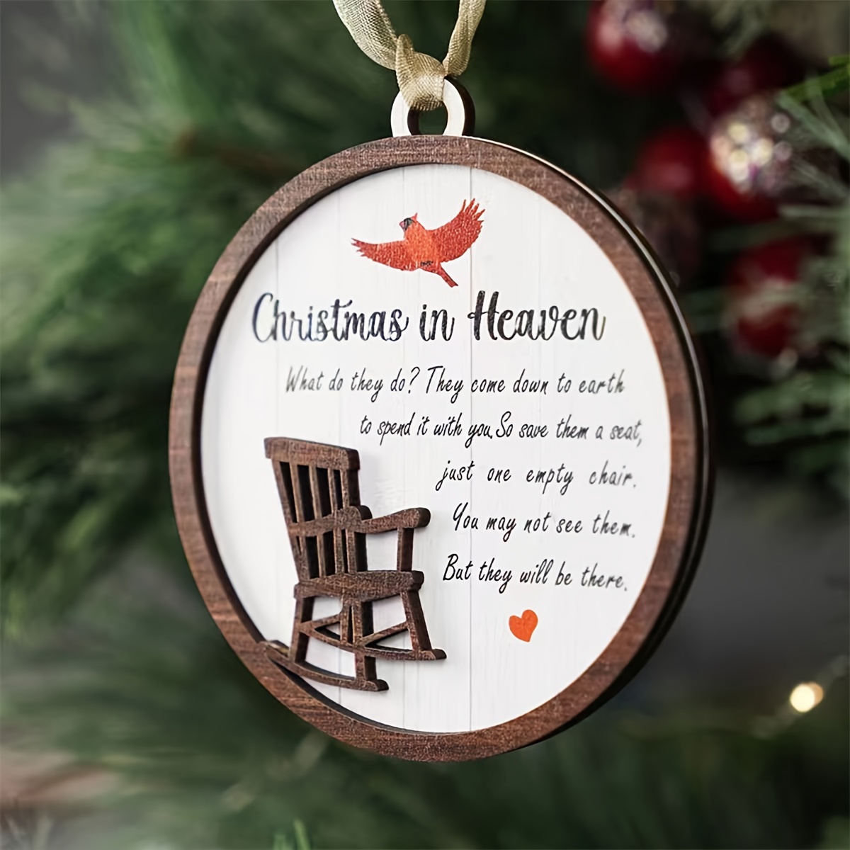 1PCS Christmas in Heaven with Rocking Chair Ornaments, Memorial Christmas  Ornaments, Christmas Memorial Keepsake, Chritsmas Gift for Grandma Grandpa  Mom Dad.Double Layer Laser Wood Ornament,With bow lanyard