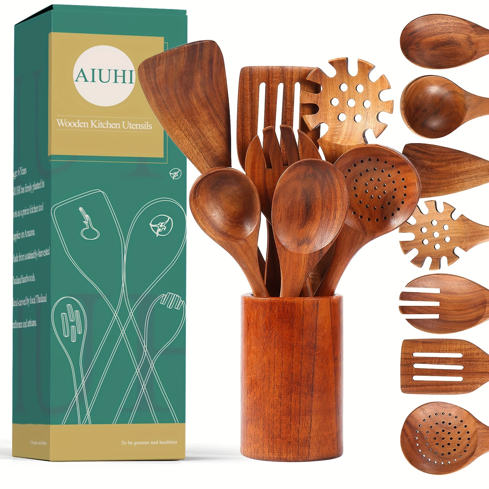 aiuhi 10 Pack Wooden Utensils for Cooking, Wood Utensil Set for Kitchen, Teak Wooden Spoon for Cooking, Non-Stick Spatula Lad