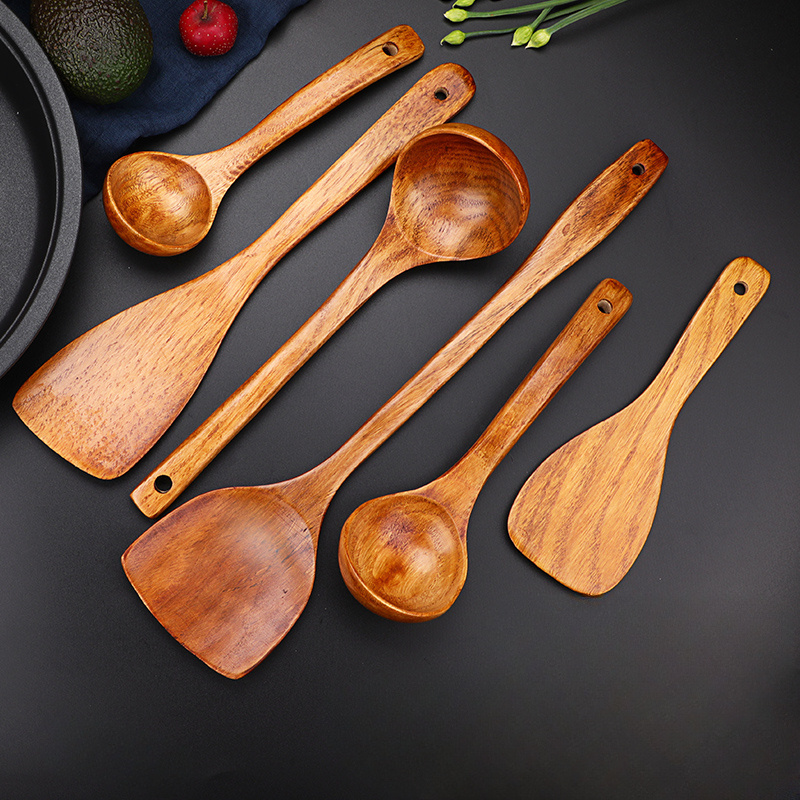 Cucharas de madera para cocinar, juego de 6 espátulas de cocina de madera  de teca natural con soporte para utensilios, agarre cómodo, utensilios de
