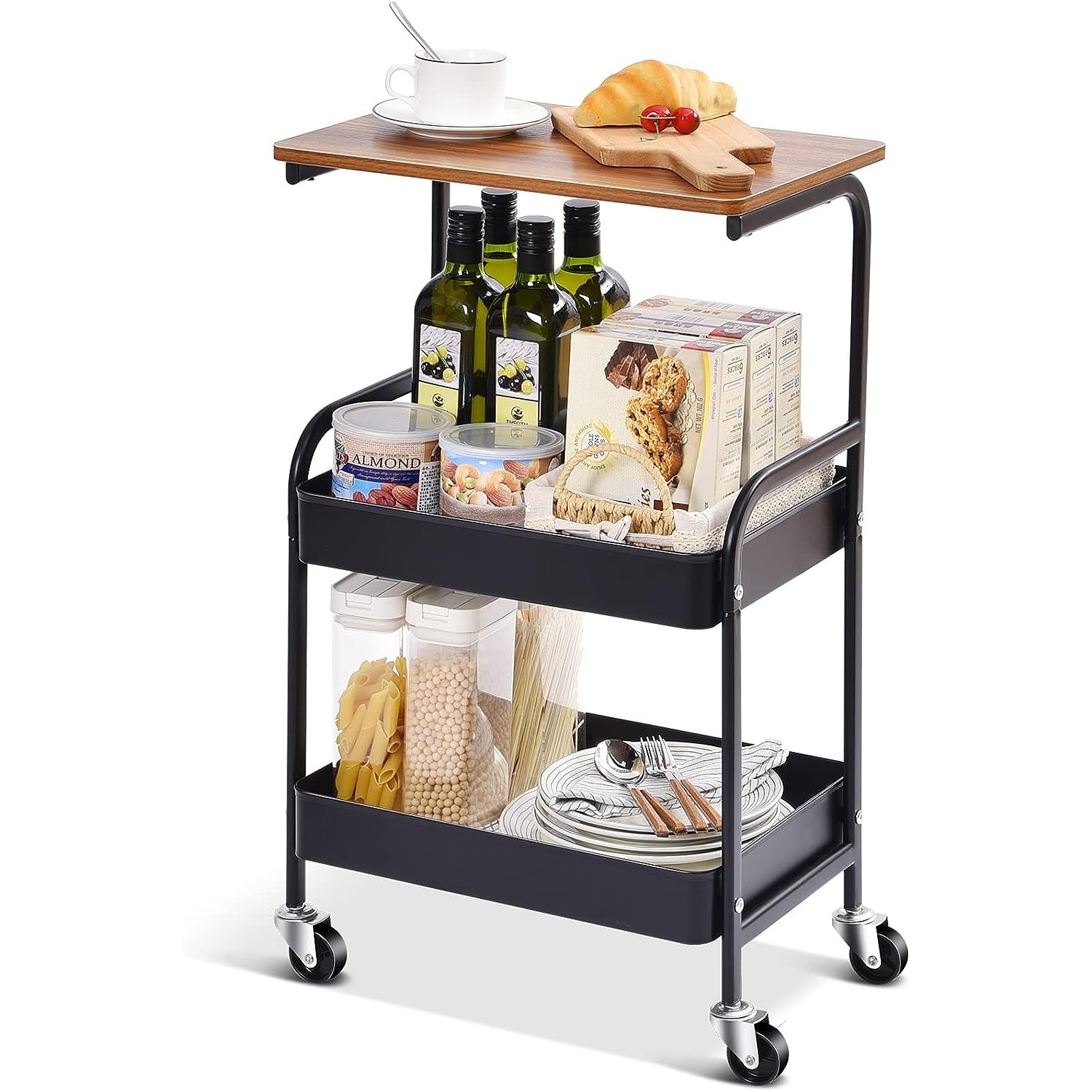 Carrito de almacenamiento delgado de 4 niveles para cocina con ruedas,  carrito estrecho móvil con mesa de madera, carrito utilitario deslizante  para
