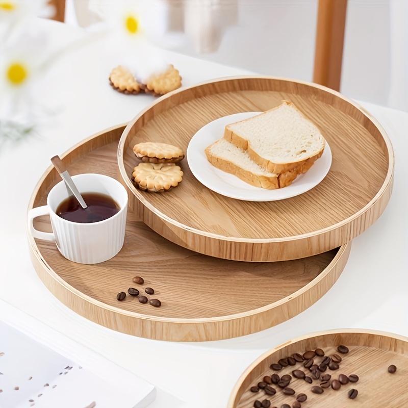 Bandeja redonda de madera de bambú con asas, mesa de té y café, bandeja  decorativa de almacenamiento de alimentos para servir bebidas y alimentos  en