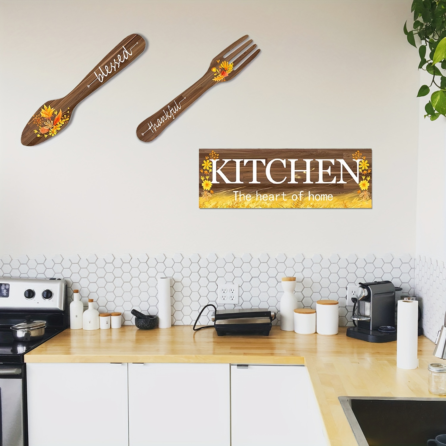 3 Pcs Kitchen Hanging Wall Decoration with Flower Wooden Eat Set Decor Fork and Spoon Wall Decor Rustic Kitchen Wooden Wall Art Sign Cute Kitchen