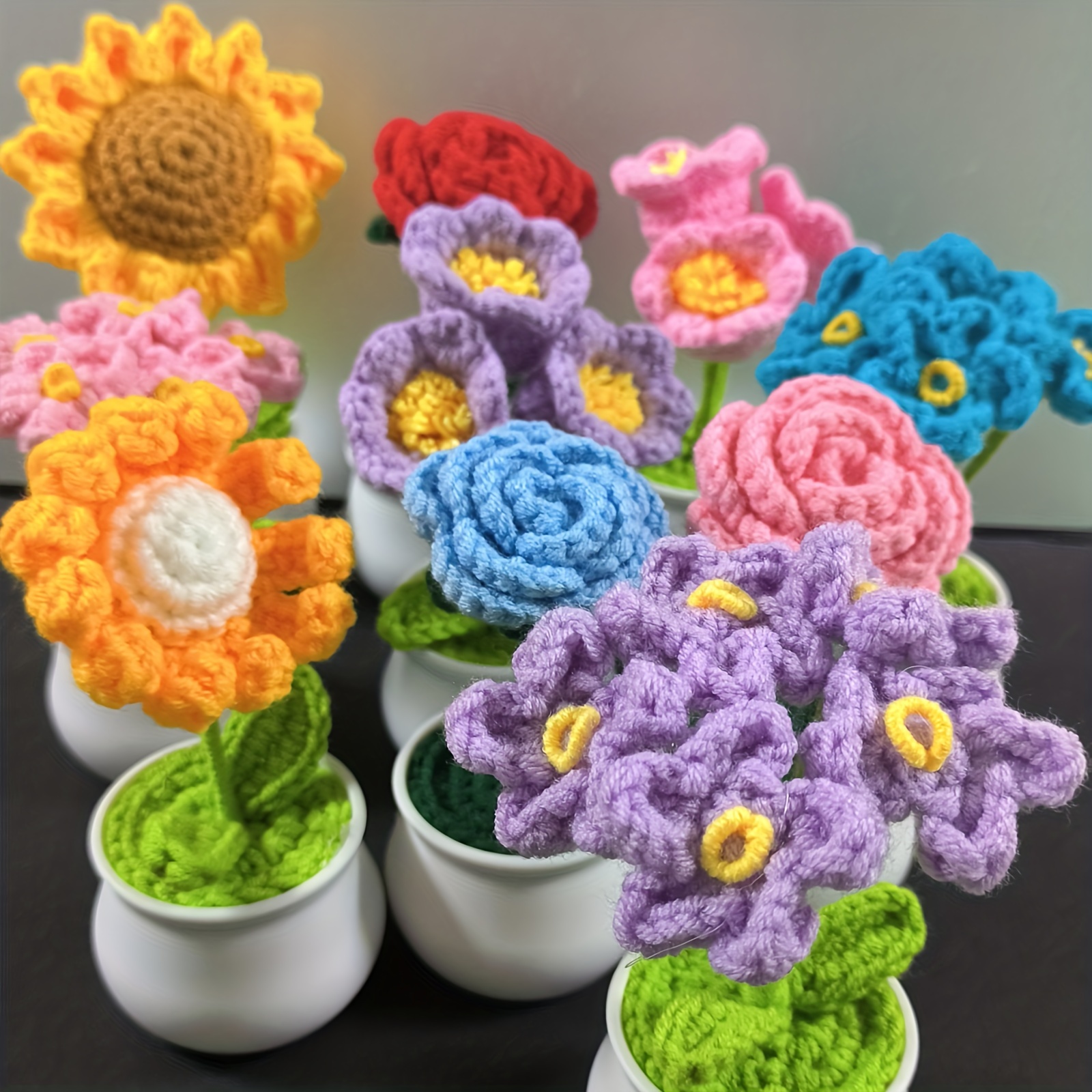 Women Flower Crochet Kit Rose Daisy Lily Tulip Flower Pot Potted