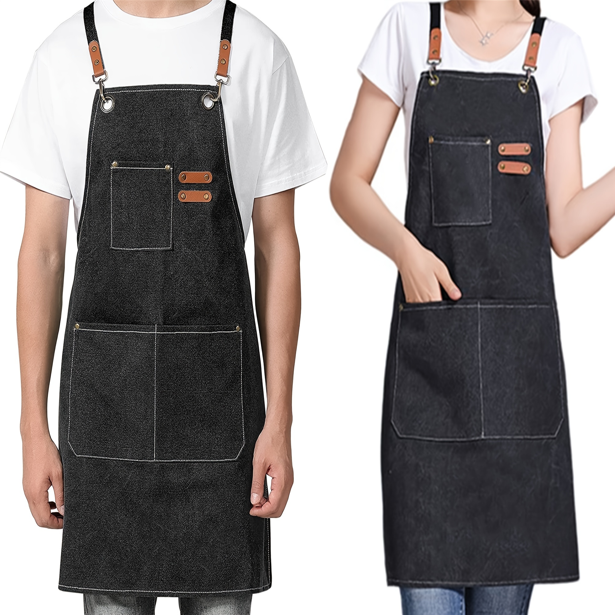 Paquete de 4 delantales de chef, delantal impermeable negro, delantal  ajustable con 2 bolsillos para hombres y mujeres, delantal profesional para