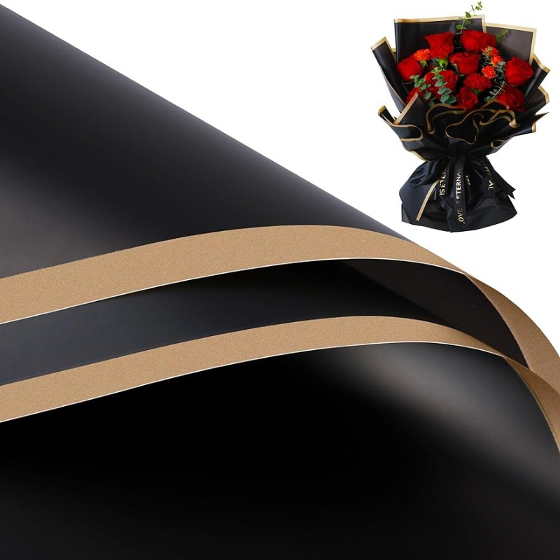 20 Sheets, Black Waterproof Floral Wrapping Paper Sheets With Golden Edge  Fresh Flowers Bouquet Gift Packaging Korean Florist Supplies, Wrapping Paper