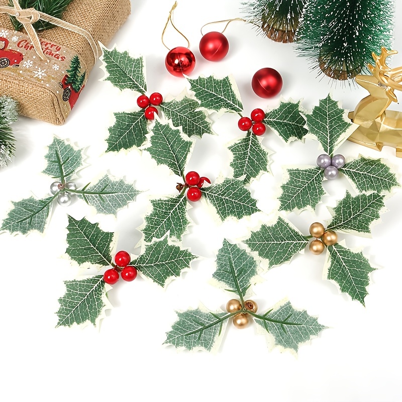 5-50Pcs Artificial Holly Berry Green Leaves Christmas Ornaments