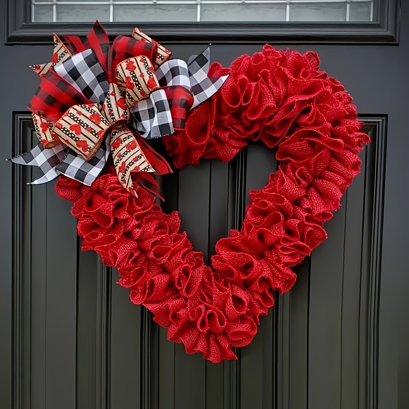 Valentines Day Wreath Decorations, Burlap Heart Shaped Wreath with Buffalo  Plaid Bows for Front Door Farmhouse Valentine's Day Decorations Party  Supplies 
