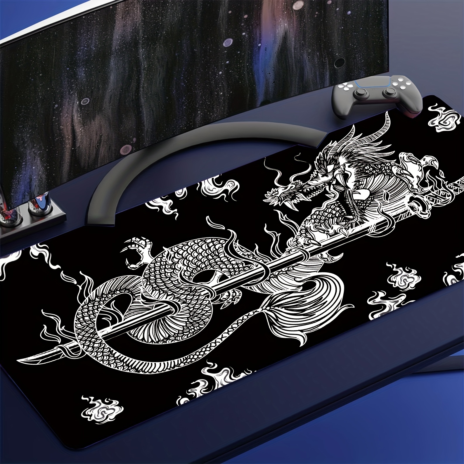 Tapis de souris japonais noir avec vague de mer abstraite - 80 x 30 cm -  Texture vague de mer - Base en caoutchouc antidérapante - Grand tapis de