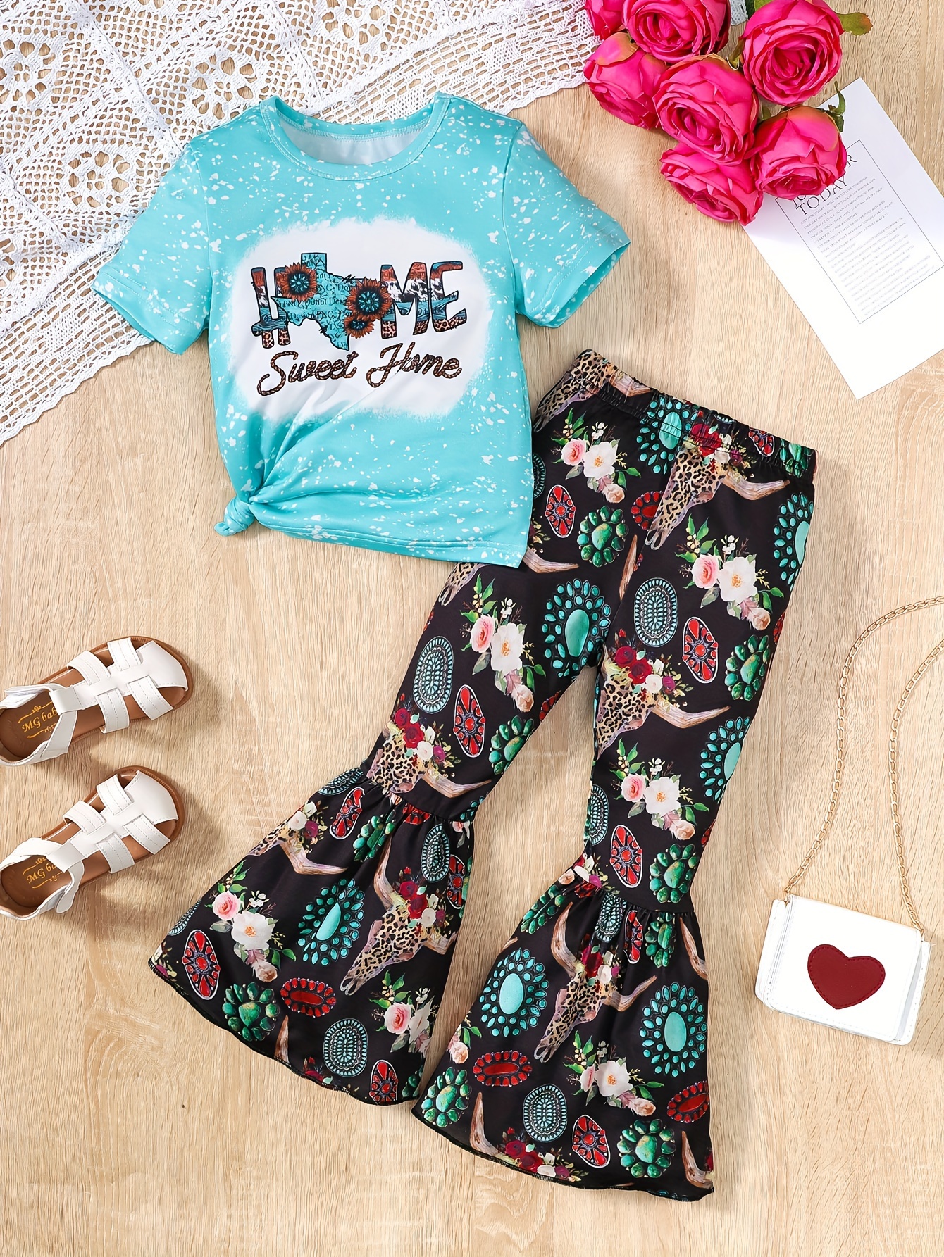 Conjunto de 2 piezas de ropa de verano para bebés y niñas pequeñas,  camiseta negra + pantalón de campana de leopardo