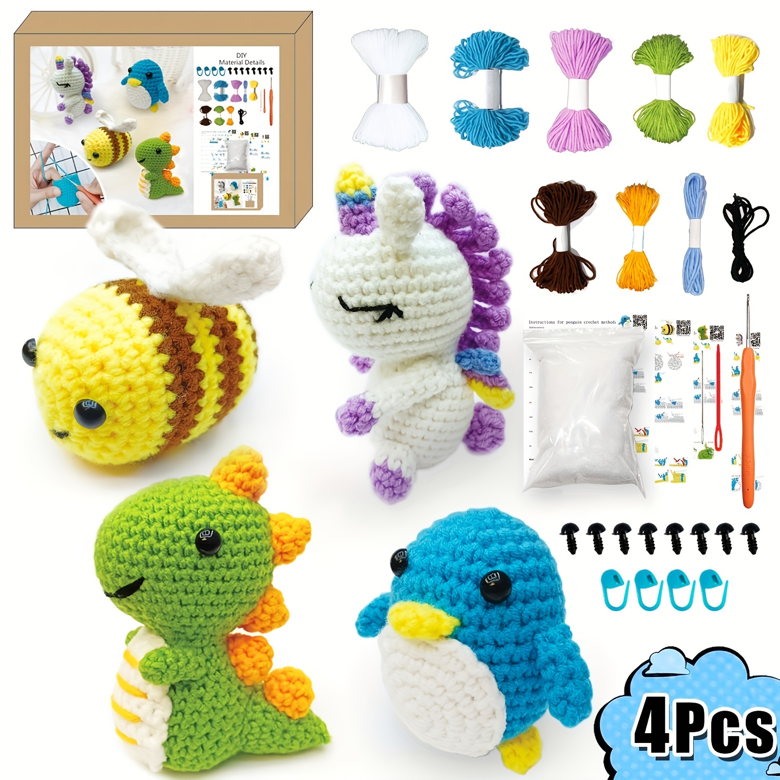 Beginner Crochet Kit, 3 Pcs Animals Crochet Knitting Crafts Kits for Kids and Adults, Size: 8.98 x 1.50 x 5.67