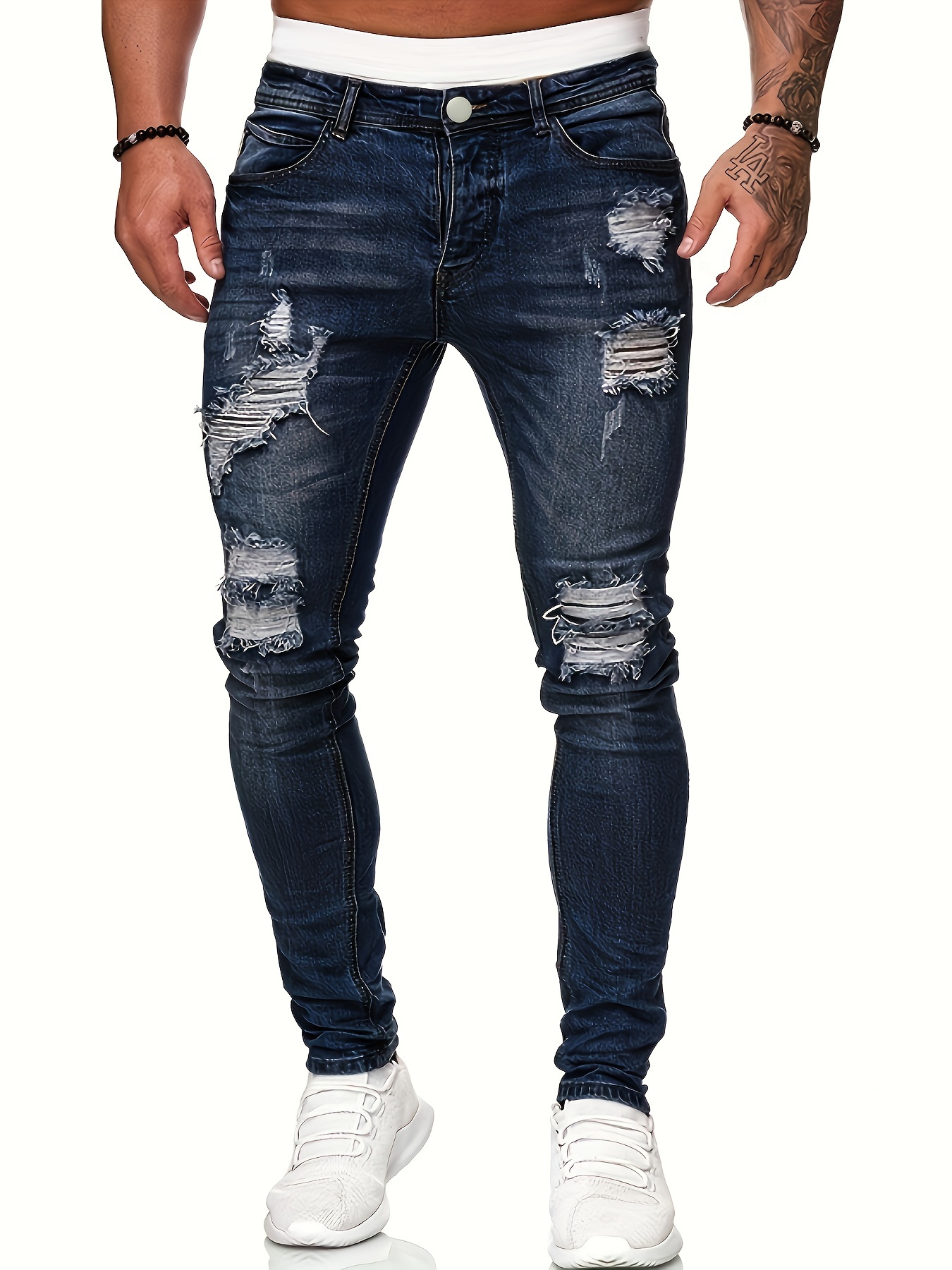 Chic Ripped Straight Leg Jeans, Men's Casual Street Style Distressed Denim  Pants