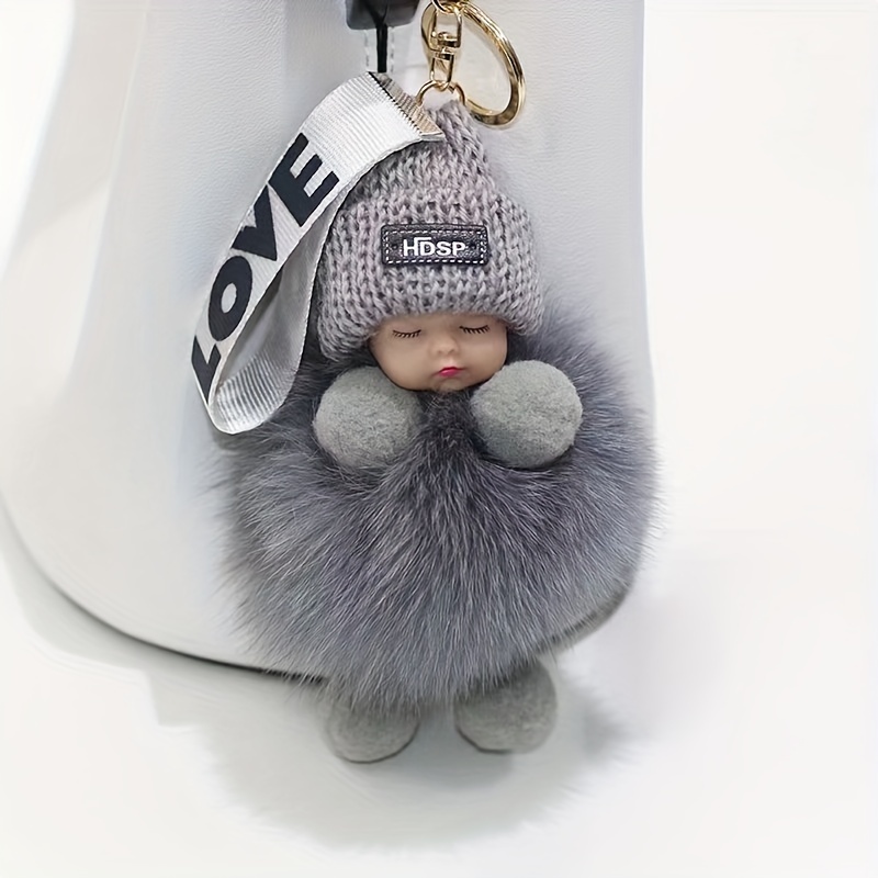 Big Eye Baby Keychain Purse Bag Fox Fur Fluffy Ball Doll Key Chain Key  Chains For