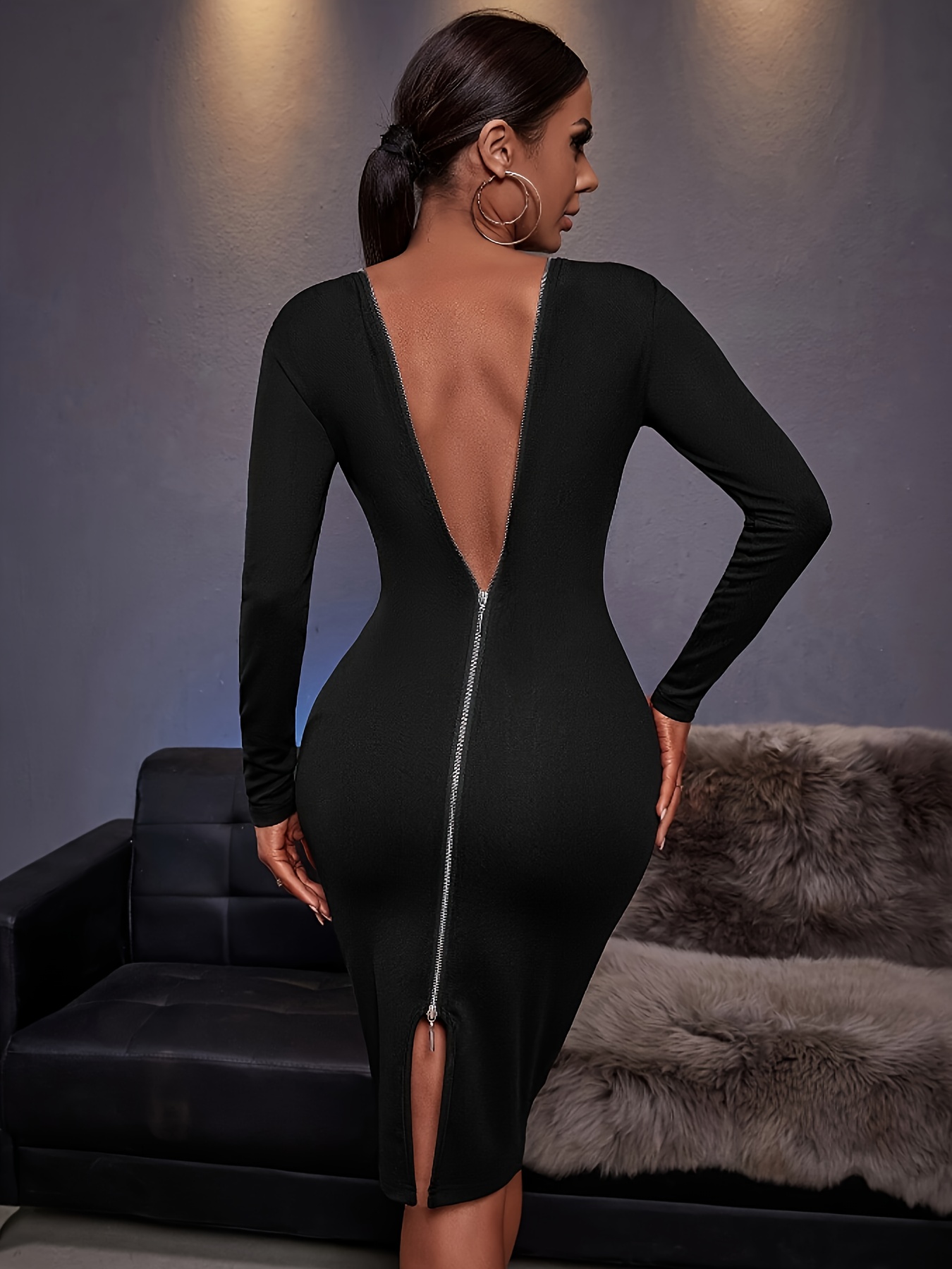 Cold Shoulder Backless Dress Sexy Long Sleeve Bodycon Club - Temu