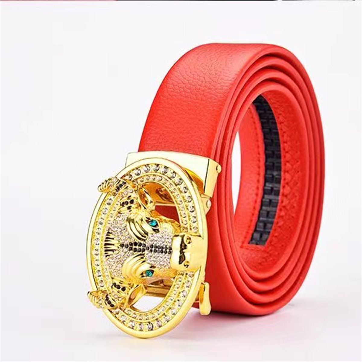 Hot sale fashion Diamond wolf head automatic buckle belts men's designer  waist strap luxury cowboys high quality belt gold wolf head black leisure  business