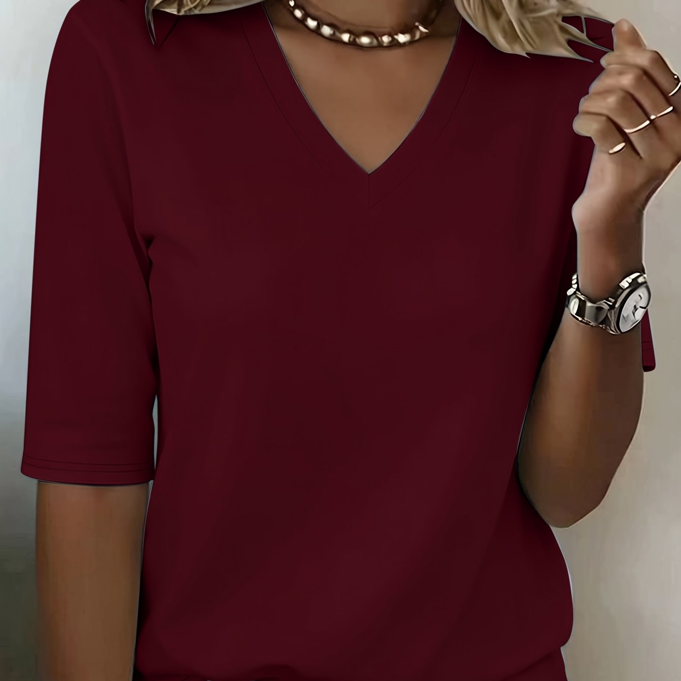 TEMU Plus Size - Plus Size - Ladies' Fashion Spring And Summer New Women's Clothing, Easy And , Solid Color Floral V-neck Five-quarter Sleeves, Loose