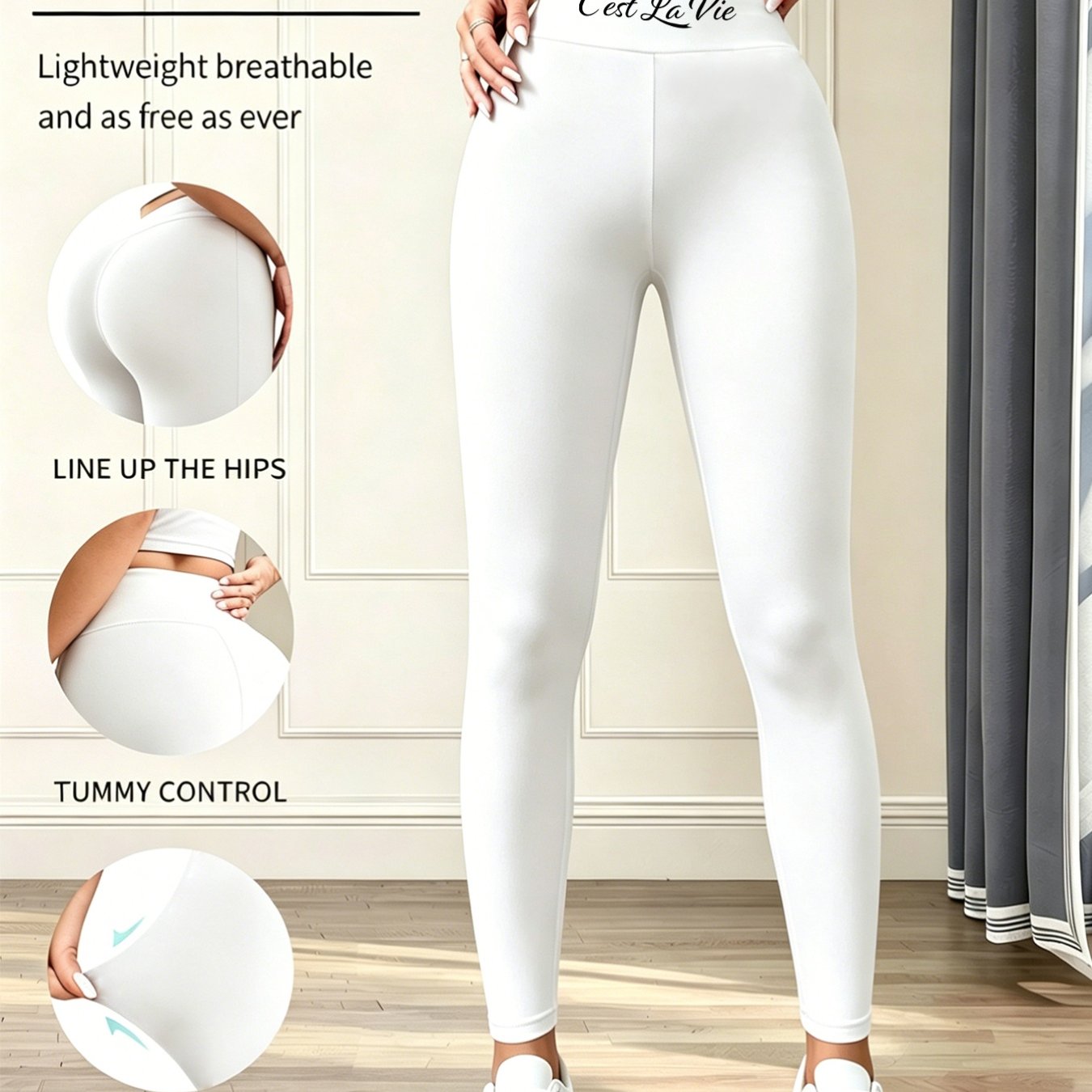 TEMU Home Flat Lay Detail Illustration Style Women's Waistband French Handwritten "" Slogan Print High-waisted Slim-fit Leggings, Seamless Cut Fits